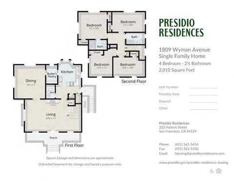 Floor plan for 4 beds, 2.5 baths, 2010 sqft
